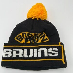 Reebok Boston Bruins NHL Black Yellow Pom Beanie Hat One Size Fits All